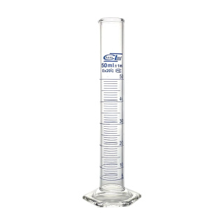 Cylindre doseur en verre, 500 ml, classe B, graduation bleue, base hexagonale en verre