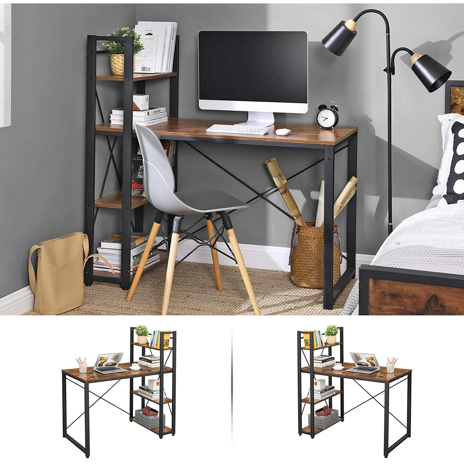 bureau informatique 120x60x120cm avec étagères bois marron métal megamix.sk