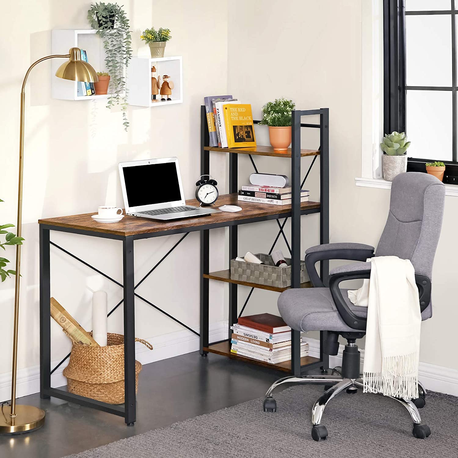 bureau informatique 120x60x120cm avec étagères bois marron métal megamix.sk