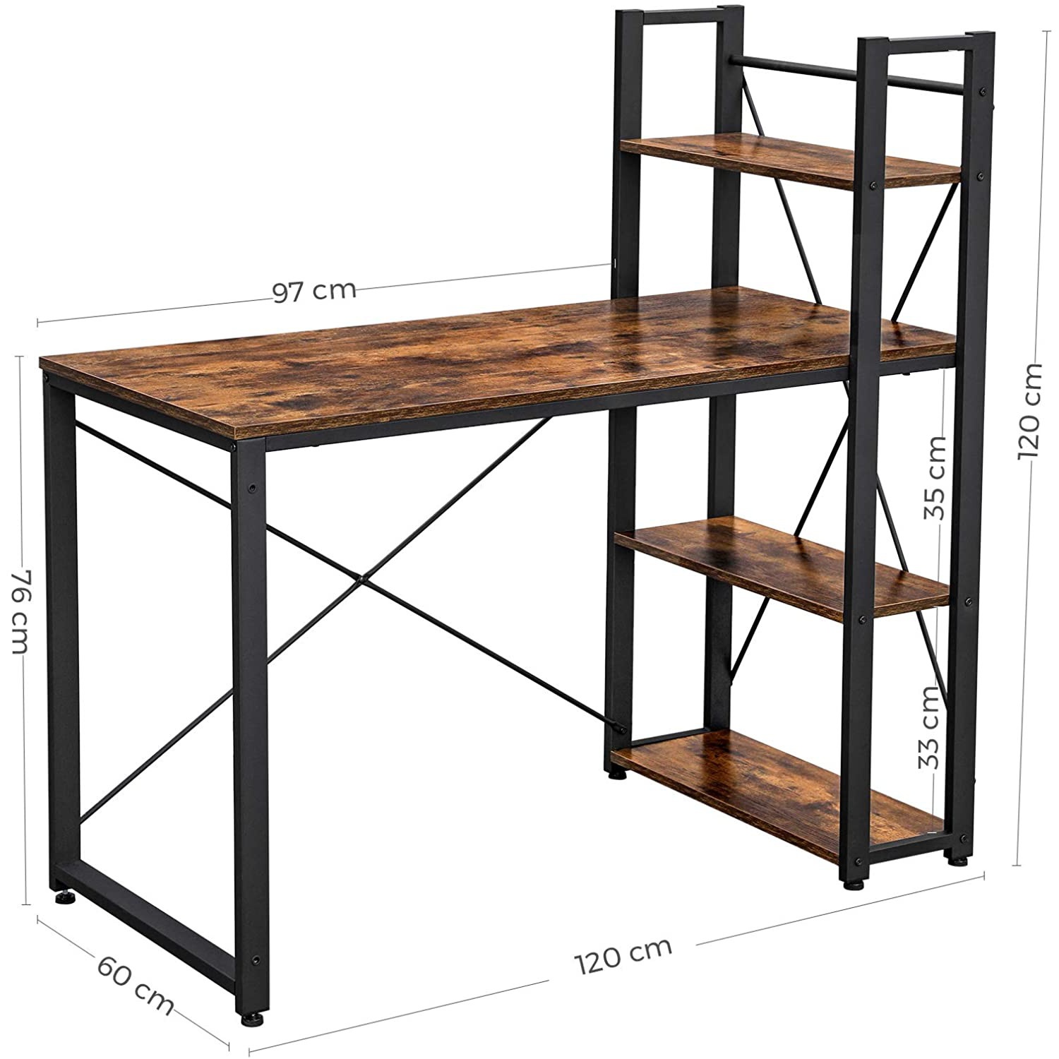 bureau informatique 120x60x120cm avec étagères bois marron métal megamix.sk